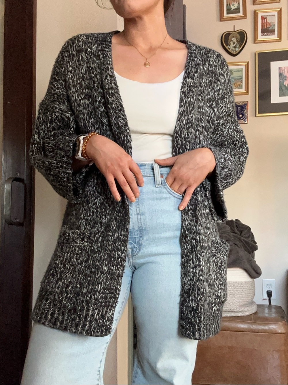 Forever 21 Marled Black Open-Front Chunky Cardigan